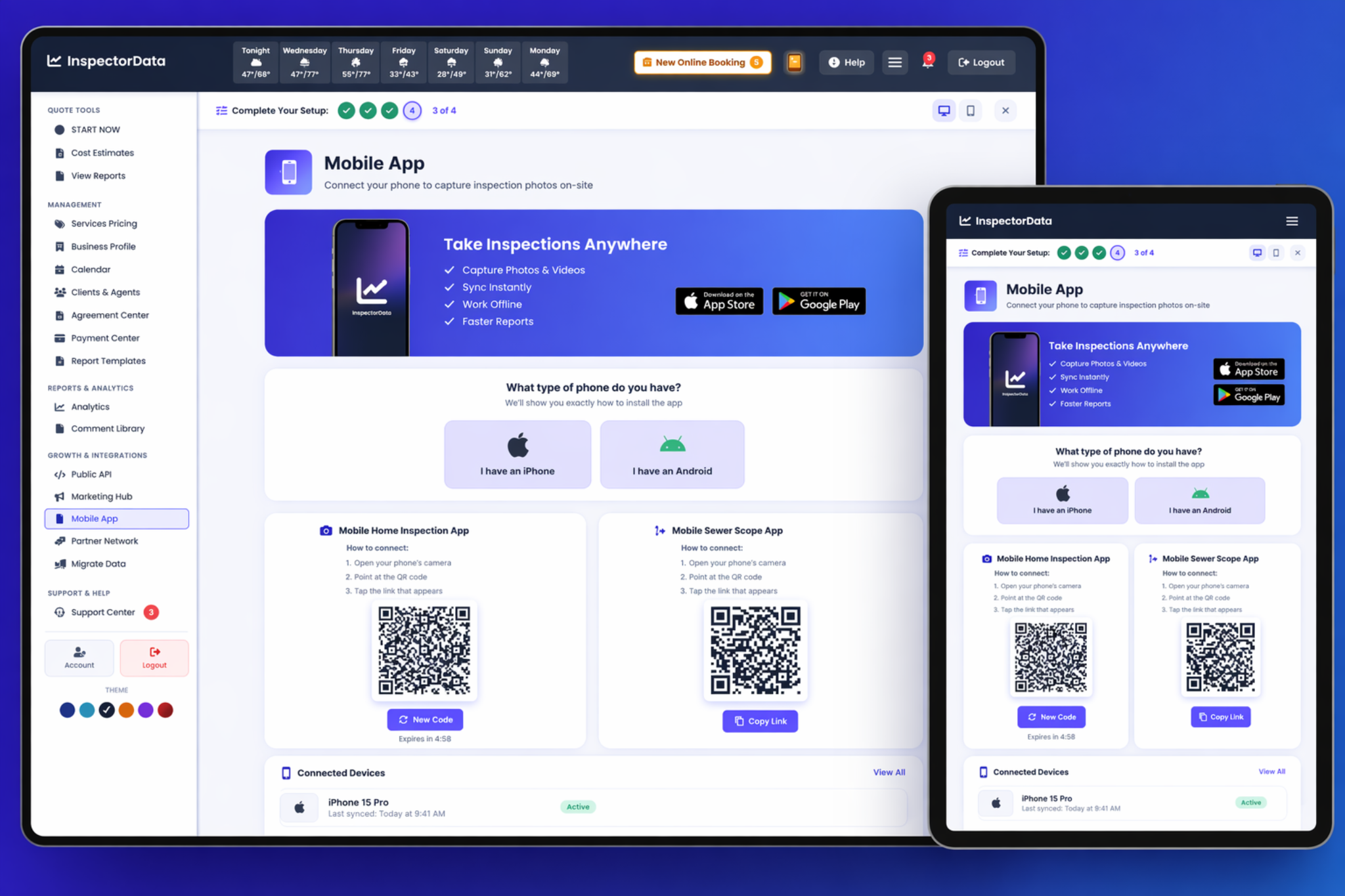 InspectorData mobile app install page shown on desktop and tablet, with QR codes for iOS and Android downloads.